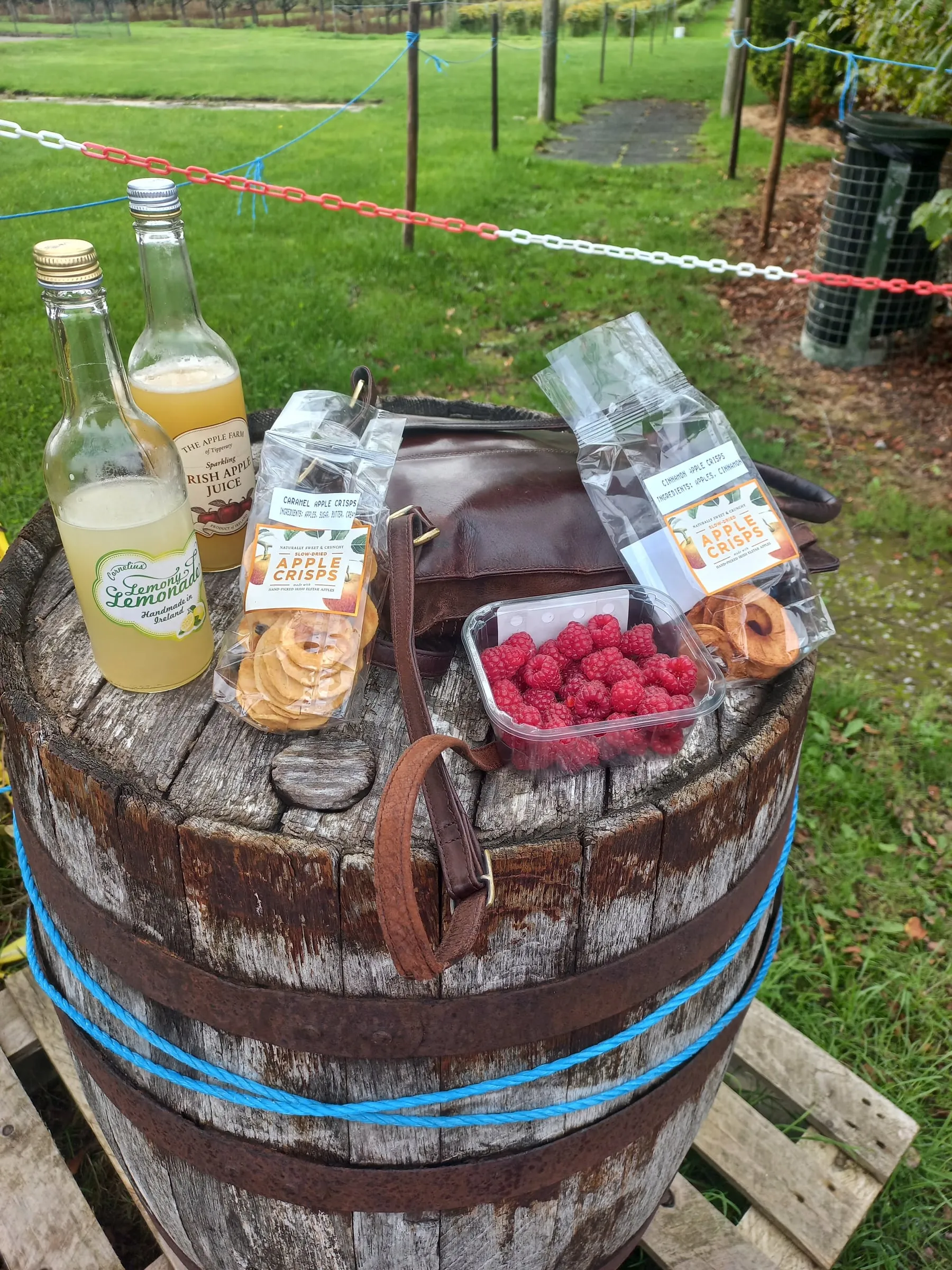 Bottles of The Apple Farm juice and punnets of fruit on a wooden barrel in the orchard
